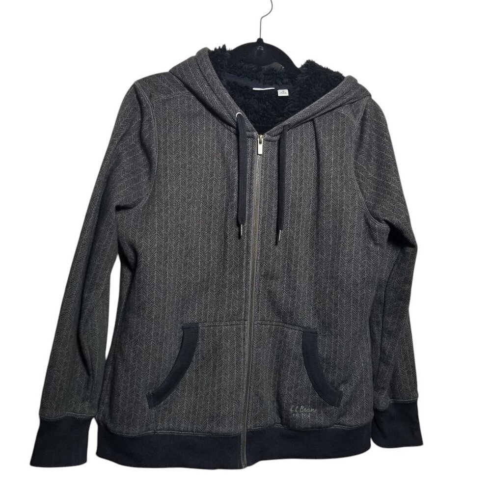 LL Bean Sherpa Lined Hoodie Jacket Mens Herringbone Pattern Grey Black Sz M